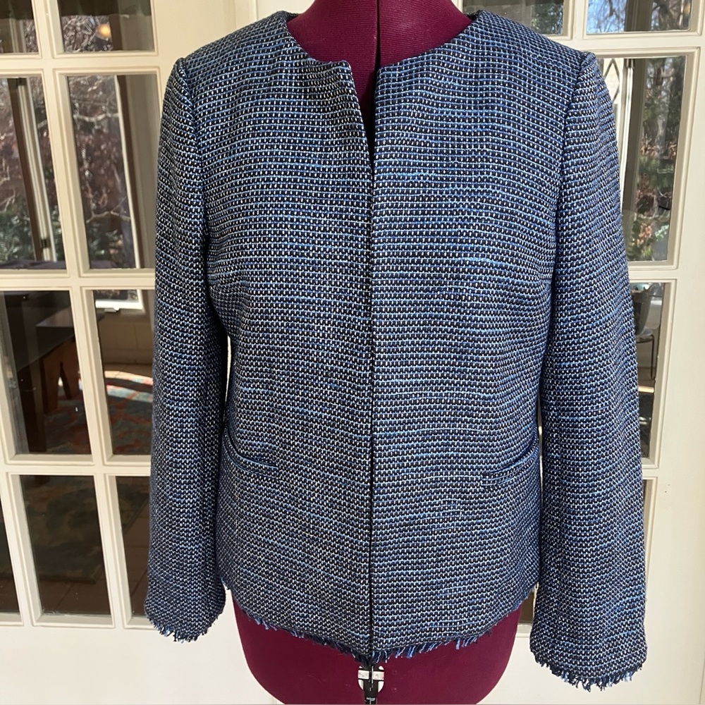 Lark & Ro Blue Bouclé Tweed Blazer – Fringe Trim – Size 10